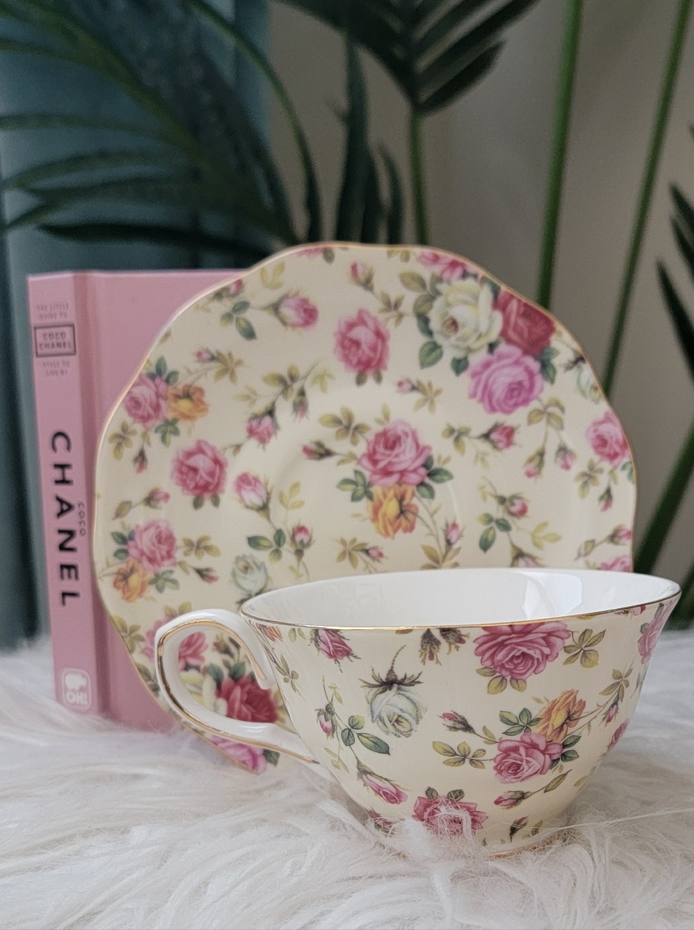 NWT - Floral Porcelain Tea Cup & Saucer Set - Pink And Beige Rose Pattern